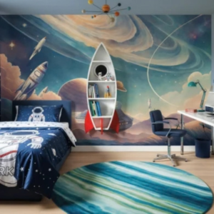 Cosmic Explorer’s Dream painted space rocket mural with rockets, planets and swirling galaxies