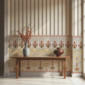 Kusum: Indian Floral Jharokha and Stripes Design Wallpaper