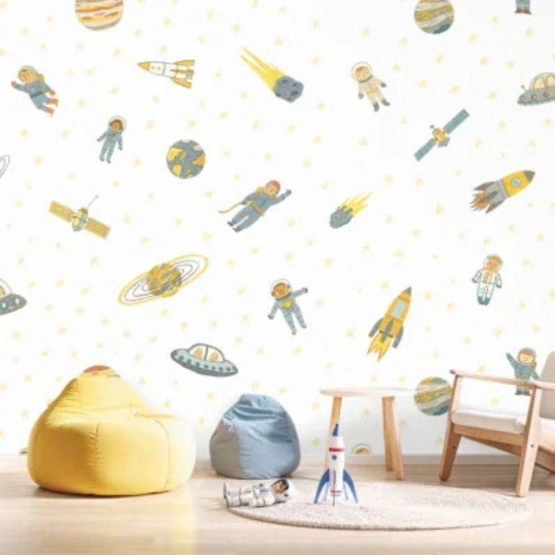 Cosmic Adventures astronaut rocket pattern wallpaper with astronauts, rockets, planets and satellites