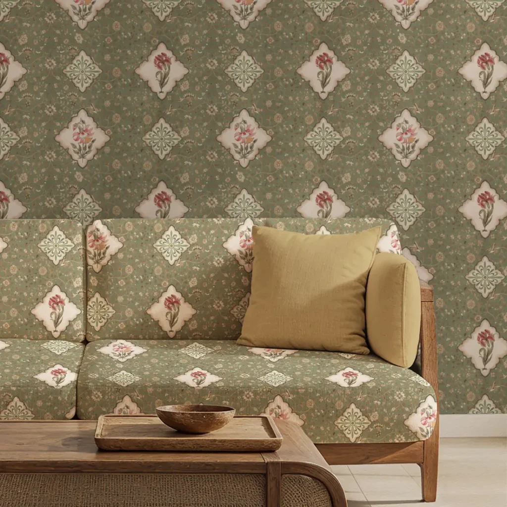 Virasat green diamond floral wallpaper with flowers in diamond frames – view 3