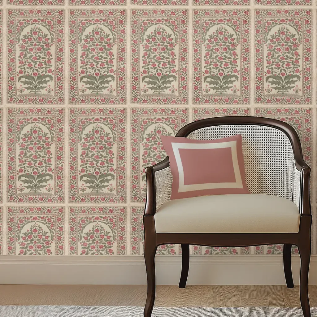 Madhur jharokha arch panel wallpaper with floral trees in jharokha arches