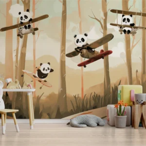 Pandas Playtime – Blue & Gold Wallpaper