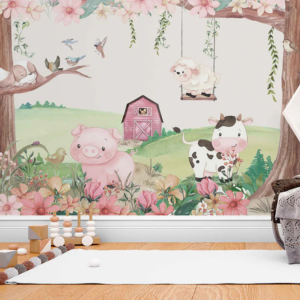 Animal Farm nursery mural with a pig, cow, sheep and a red barn