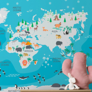 Animals Blue Atlas kids world map mural with animals on the continents and blue oceans