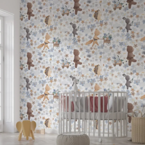 Animals Playing teddy floral wallpaper with bears among pastel flowers