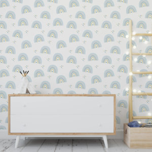 Blue Rainbows pastel rainbow wallpaper with soft blue and green rainbows on white