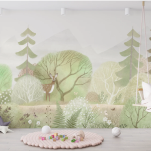 Calm Forest green woodland mural with a deer among soft trees and pines