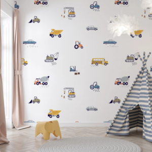 Car Dreams car and truck pattern wallpaper with small vehicles on white