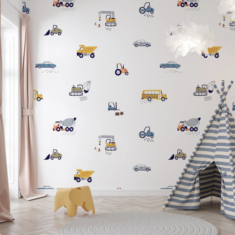 Car Dreams car and truck pattern wallpaper with small vehicles on white