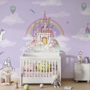 Castle in the Air mural with a fairytale castle on a cloud under a rainbow