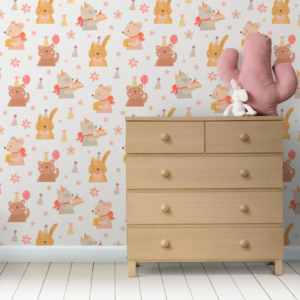 Celebrations party animal wallpaper with bunnies and bears in party hats with balloons