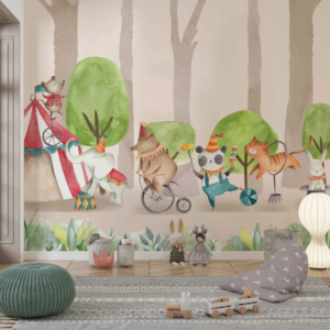 Circus watercolor mural with a big top tent and animals parading among trees
