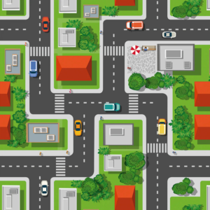 City Roads aerial town mural with roads, crossings, cars and red rooftops