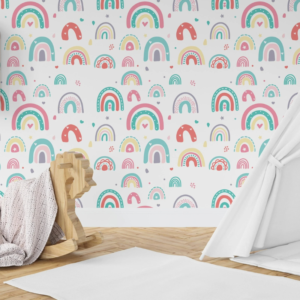 Colorful Rainbows rainbow pattern wallpaper with bright rainbows and dots on white