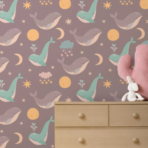 Colorful Whales whale pattern wallpaper with pink and mint whales and moons on mauve