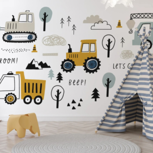 Construction Cars kids mural with diggers, tractors and trucks and BEEP lettering