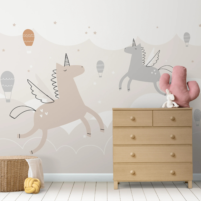 Dancing Unicorns mural with pastel winged unicorns among clouds and balloons