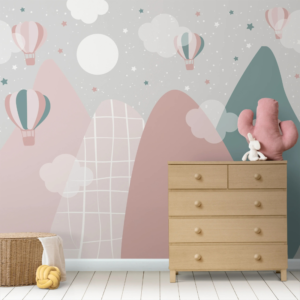 Ballooning Bliss pink mountain mural with blush hills, balloons and a moon