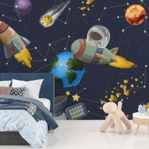 Astronaut Dream mural with rockets, Earth and constellations on navy