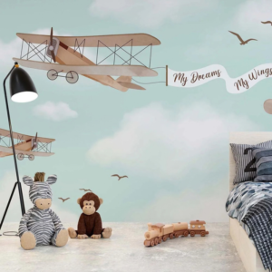 Aviation Adventures mural with vintage biplanes towing a banner through blue skies