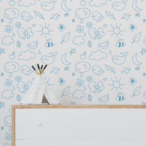 Blue Graffitis blue line doodle wallpaper with hand-drawn birds, bees and suns