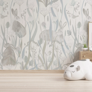 Bunnies grey bunny meadow wallpaper mural with bunnies among tall grasses