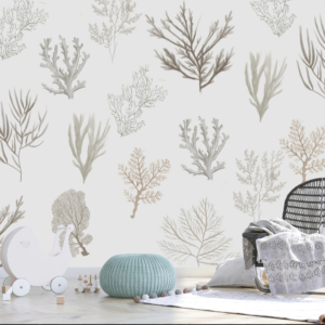 Corals coral print wallpaper with branching corals in taupe and sage on white