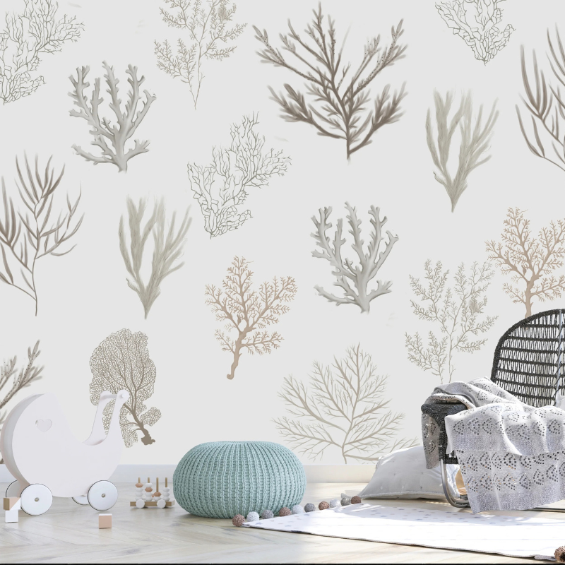 Corals coral print wallpaper with branching corals in taupe and sage on white