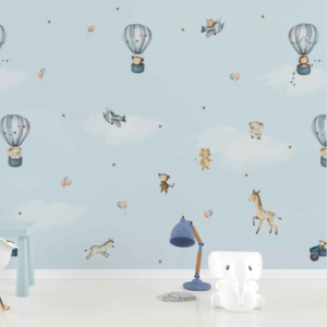 Balloons and Animals blue nursery wallpaper with hot air balloons and giraffes on blue