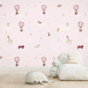 Balloons and Animals pink nursery wallpaper with hot air balloons and giraffes on blush