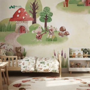 Animal Forest 5170 mushroom forest kids wallpaper with toadstool houses and woodland animals