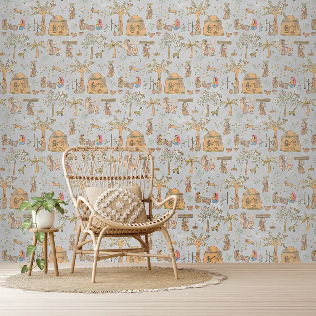 Mithila Indian Folk Sujani Art Grey Wallpaper