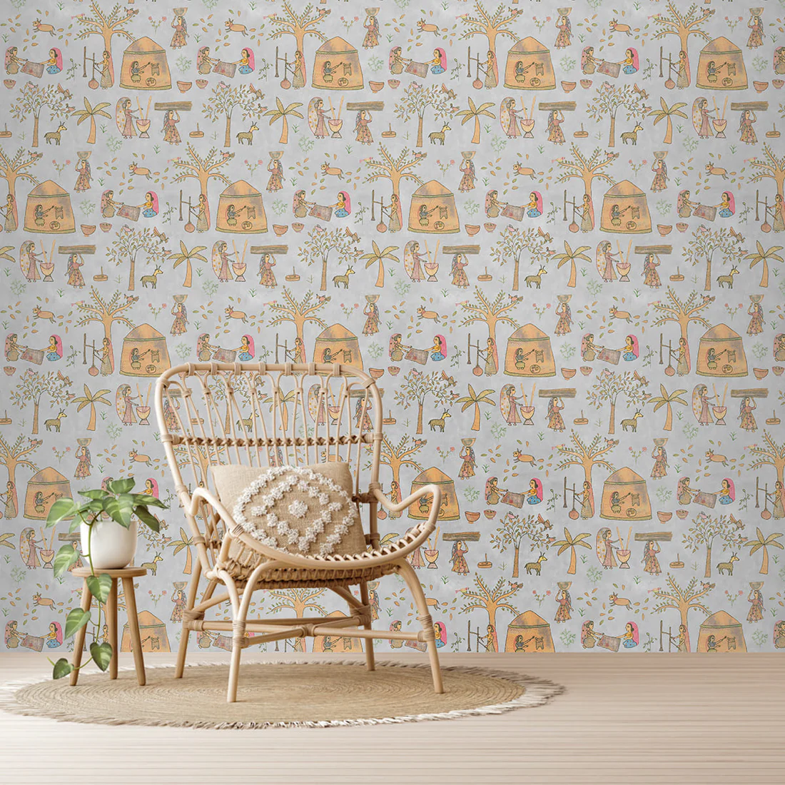 Mithila Indian Folk Sujani Art Grey Wallpaper