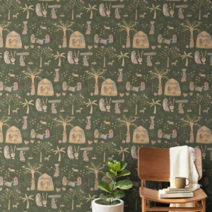 Mithila Indian Sujani Art Deep Green Wallpaper