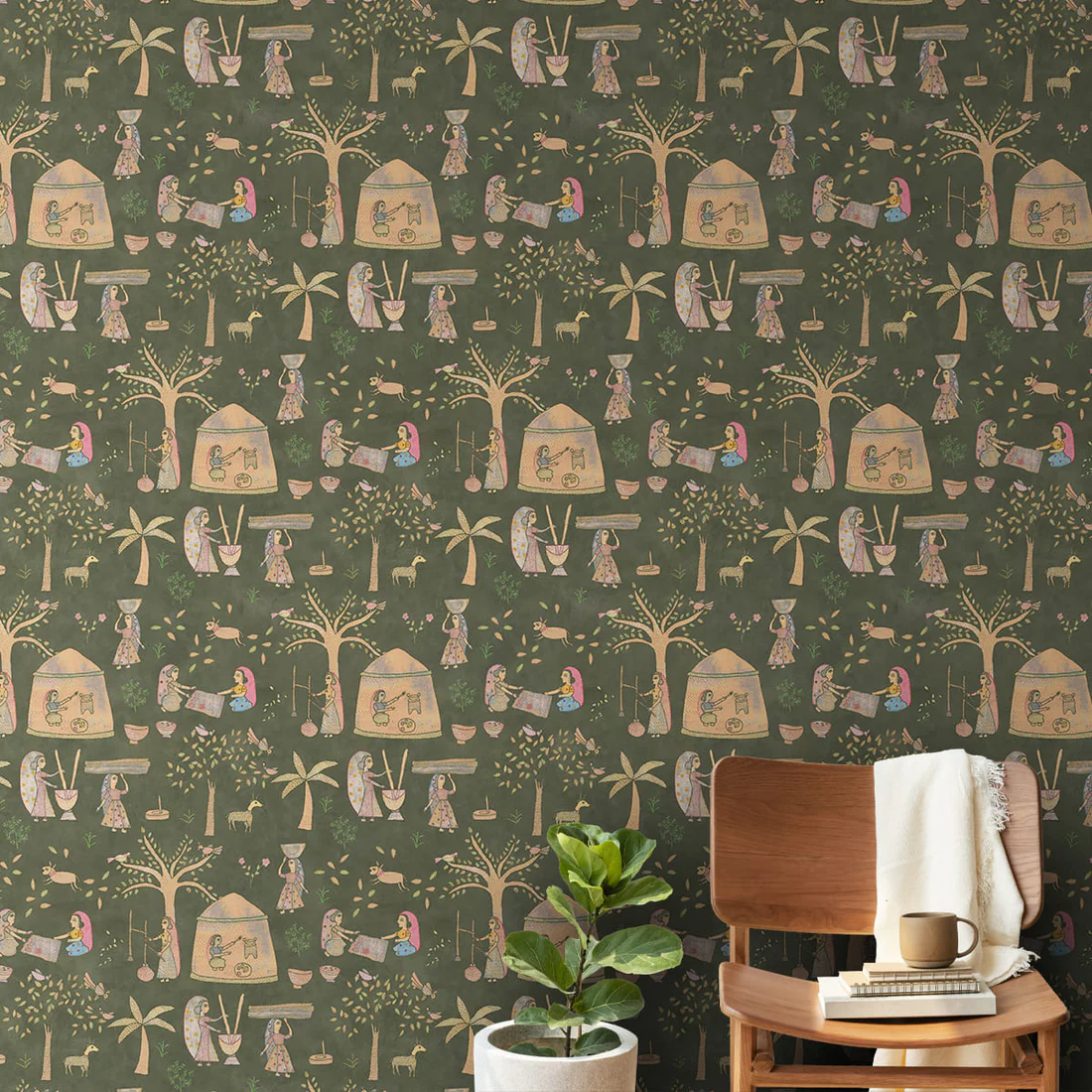 Mithila Indian Sujani Art Deep Green Wallpaper