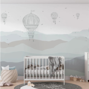 Aether Drift wallpaper mural with sketched hot air balloons over layered mountain silhouettes