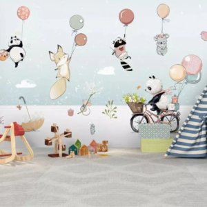 Airborne wallpaper mural with forest animals floating on balloons and riding bicycles through the sky