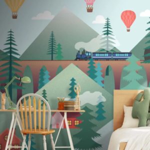 Alpine Express wallpaper mural with a vintage passenger train through pine-covered mountains