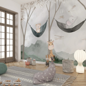 Alpine Hammock wallpaper mural with animals resting in hammocks in a mountain forest