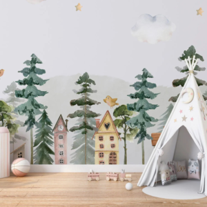 Alpine Village forest cottage wallpaper mural in watercolor