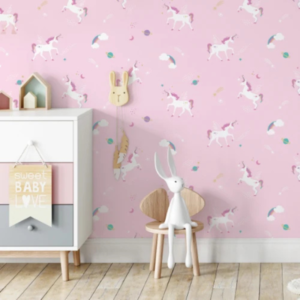 Angel Corn #1 pink unicorn pattern wallpaper with small unicorns and stars on pink in a nursery