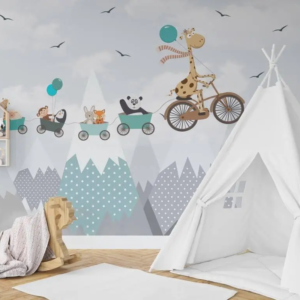 Animal Express wallpaper mural with a giraffe and forest friends in a charming procession