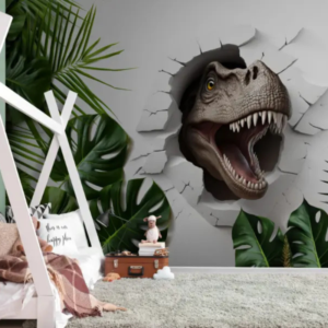 Apex Breach 3D T-Rex wallpaper mural with a roaring dinosaur breaking through the wall