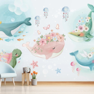 Aquatic Flora wallpaper mural with whales wearing delicate floral crowns in watercolor