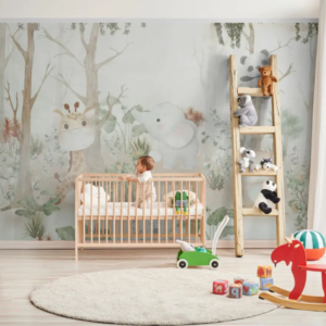 Canopy wallpaper mural with a giraffe, elephant and panda among soft green trees