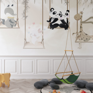Canopy Swing wallpaper mural with pandas, a fox, a bunny and a giraffe on rope swings