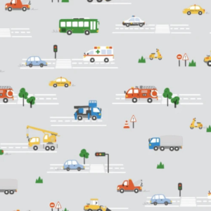 Car World car pattern wallpaper with buses, fire trucks and taxis on grey roads