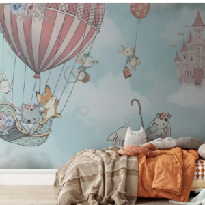 Castle Airu wallpaper mural with animals in a hot air balloon rising to a floating castle