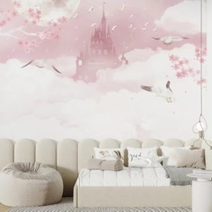 Castle Dream pink castle wallpaper mural with a castle in clouds and cherry blossoms