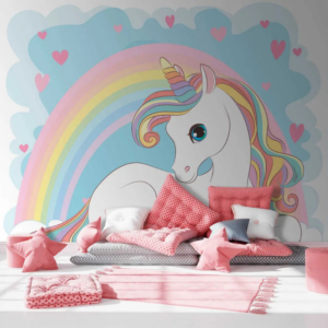 Celestia unicorn rainbow wallpaper mural with a vibrant unicorn, pastel rainbow and hearts